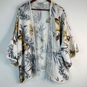 Francesca Bettini Tropical Floral Linen Kimono Cardigan Lace Trim Made in Italy